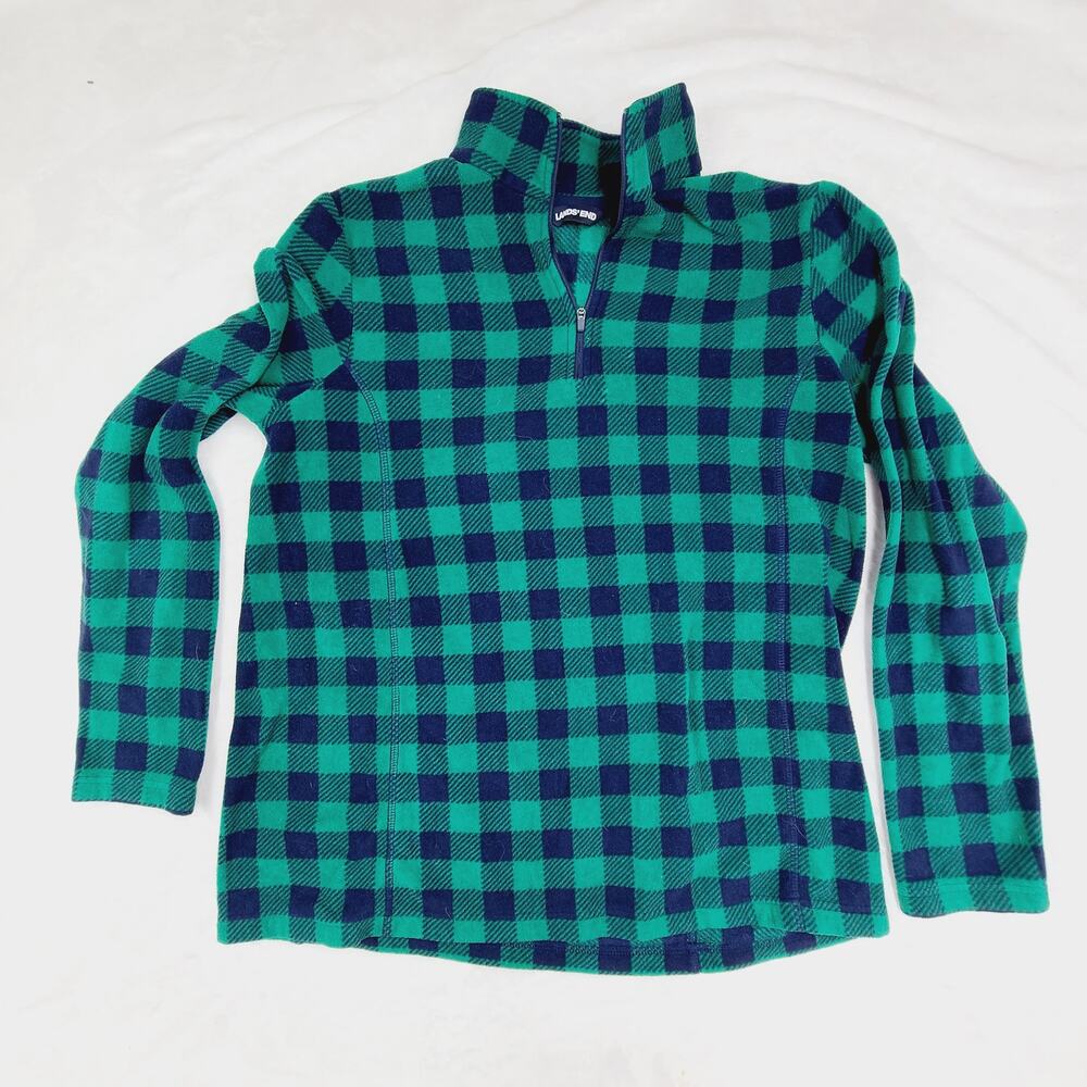 Lands' End Women's 1/4 Zip Fleece Pullover Sweater Green Blue Plaid Outdoor L/T
